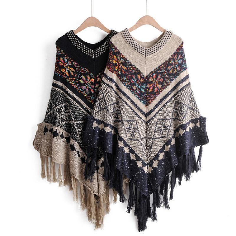 Sweter Ponczo Z Frędzlami