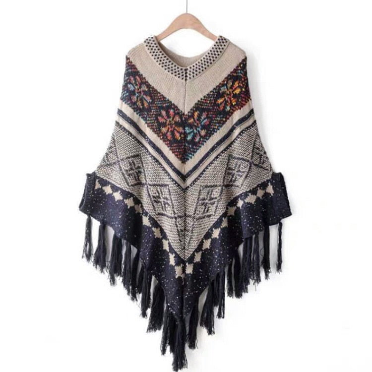 Sweter Ponczo Z Frędzlami